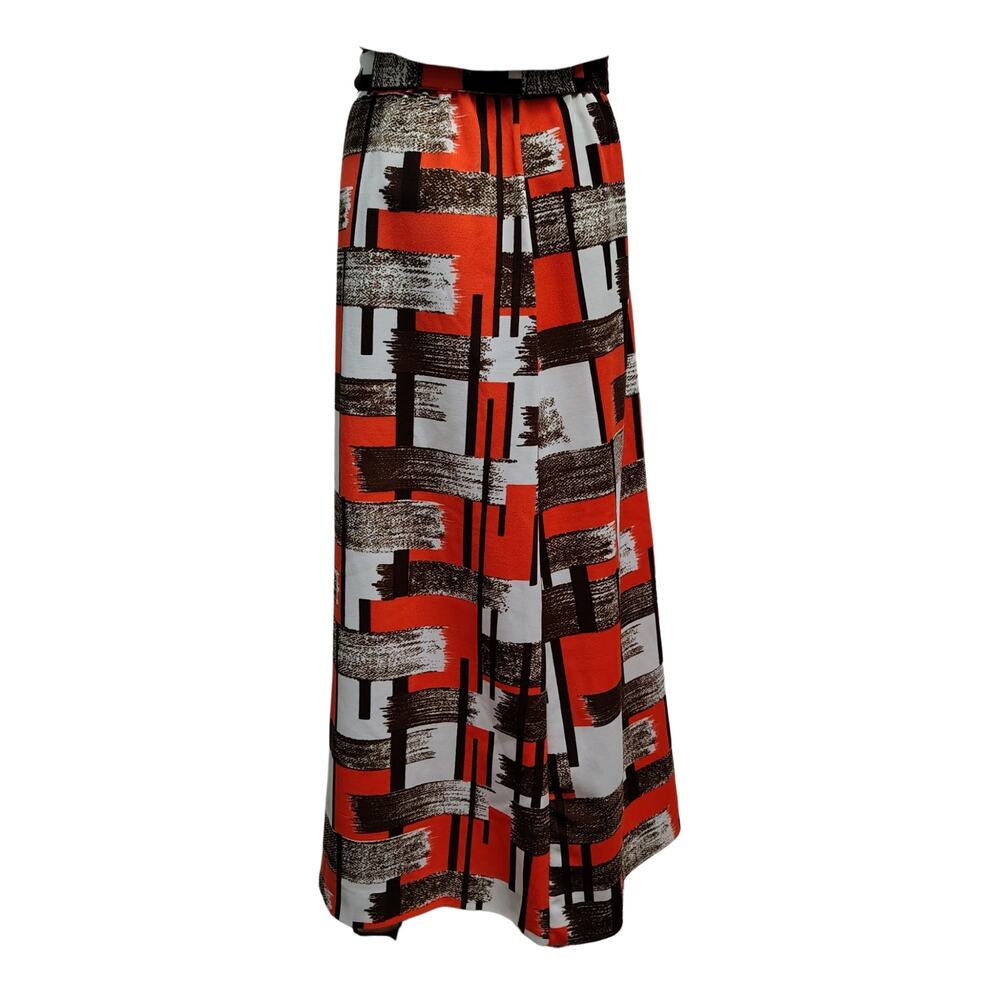 Vintage 1960s Belted Orange Brown Faux Patchwork Maxi Skirt 14 In Waist Size Sm